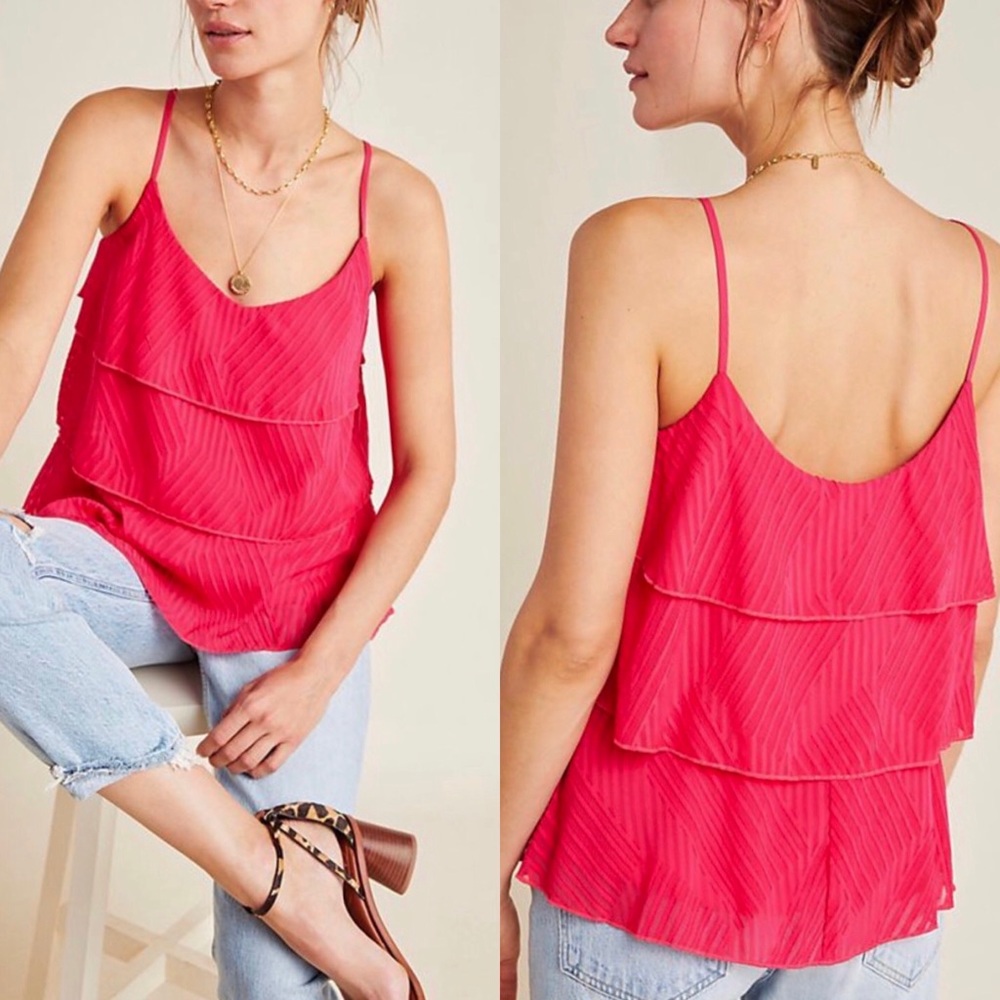 Anthropologie pink “Ameline Tiered Cami” Cottagecore Feminine ruffle top Ruffles